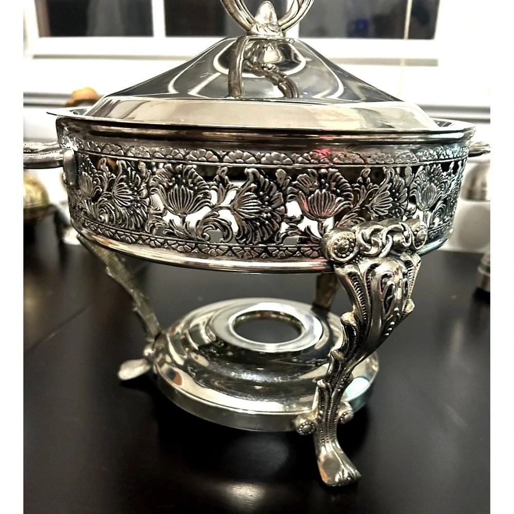 Vintage Silver Plated Chafing Dish 2 Qt Candle Warmer Ornate Serving Dish
